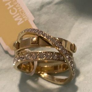 Michael Kors  Criss cross gold tone stud crystal ring size 7 NIB